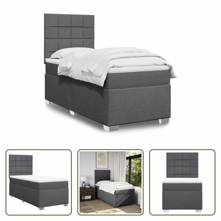 The Living Store Letto a molle con materasso grigio scuro 90x190 cm in tessuto