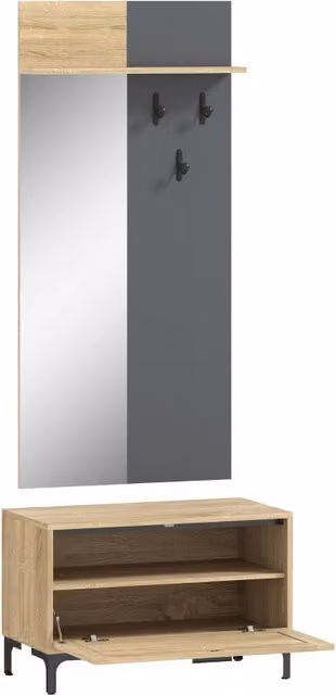 Set da ingresso per corridoio, panca porta scarpe, specchio, 3 ganci, mensola aperta, mobili da ingresso, legno naturale + grigio