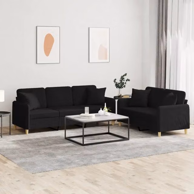Set di divani ad angolo vidaXL in tessuto nero con cuscini per soggiorno in stile moderno – 1