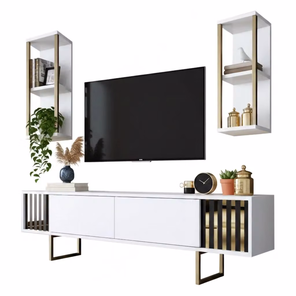 Mobile porta TV Artinay DMORA, Credenza moderna per soggiorno Bianco e Oro, L: 180 cm, P: 30 cm, H: 48 cm – 2