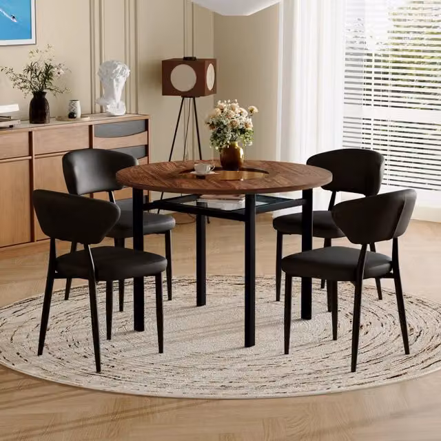 Tavolo da pranzo rotondo con sedie in PU; piano 100 cm in MDF e vetro; marrone e nero