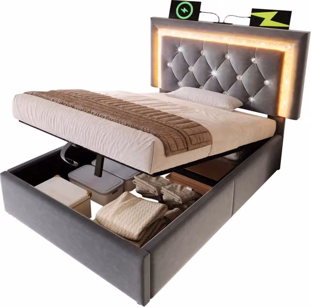 Letto contenitore singolo in velluto grigio con illuminazione LED e porte USB/Type-C, L/P/H: 90 x 200 cm