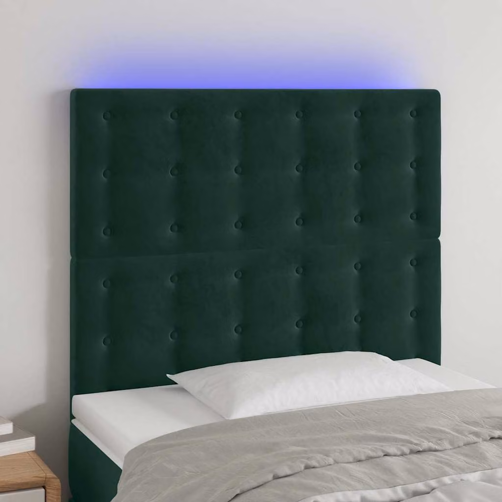 Testiera per letto vidaXL in velluto verde scuro con illuminazione LED integrata e porta di ricarica USB, L: 90 cm, P: 5 cm, H: 118-128 cm