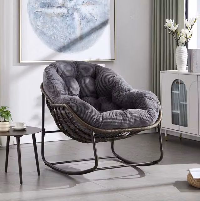 Sedia a dondolo in rattan sintetico con struttura in acciaio; grigia; 78 × 106 × 90 cm