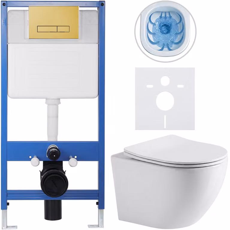 CERANO - Set completo per WC da incasso Lite/Verde - bianco lucido - pulsante WC Slim, dorato - installazione a parete/cartongesso - 49x36 cm