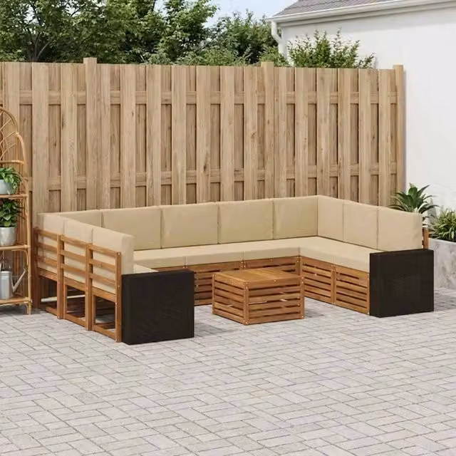 Set di divani da esterno vidaXL a forma di L con tavolo da caffè, in legno di acacia e tessuto beige e marrone resistente ai raggi UV, composto da 10 pezzi