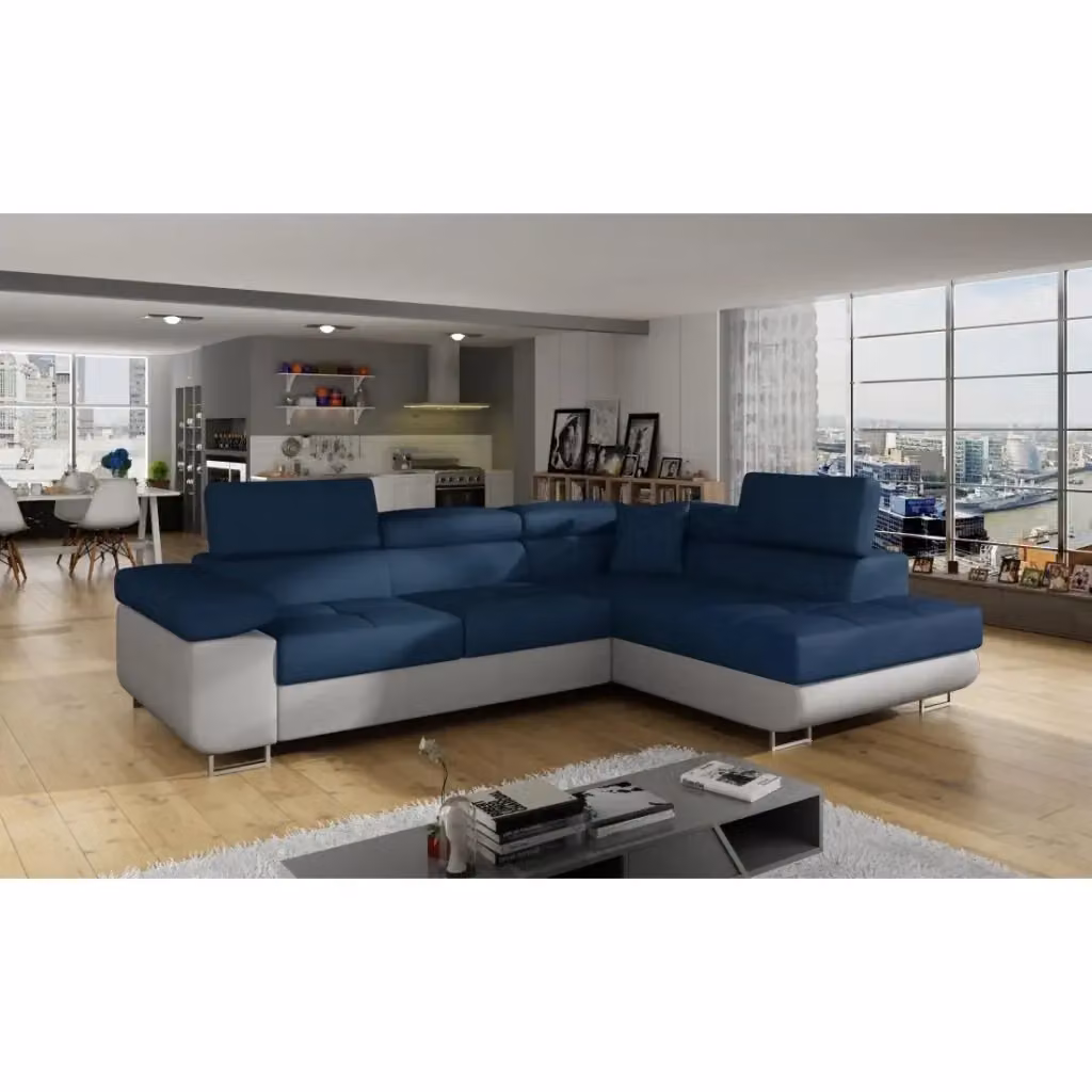 Divano ad angolo convertibile MENTON MEUBLORAMA blu oceano e bianco con funzione letto, contenitore e poggiatesta regolabile, angolo destro - L/P/H: 272 x 145 x 85 cm – 2