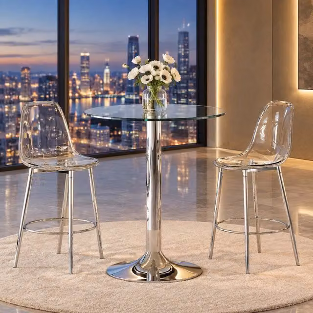 Set tavolo da bar Mivray con 2 sgabelli trasparenti, piano in vetro e base in metallo argento con struttura a X e piedini regolabili – 1