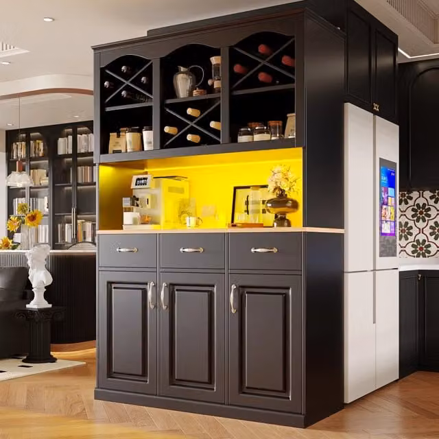 Credenza Mivray moderna in MDF nero con 3 ante, 3 cassetti, ripiani interni e illuminazione LED L/P/H: 120 x 40 x 180 cm