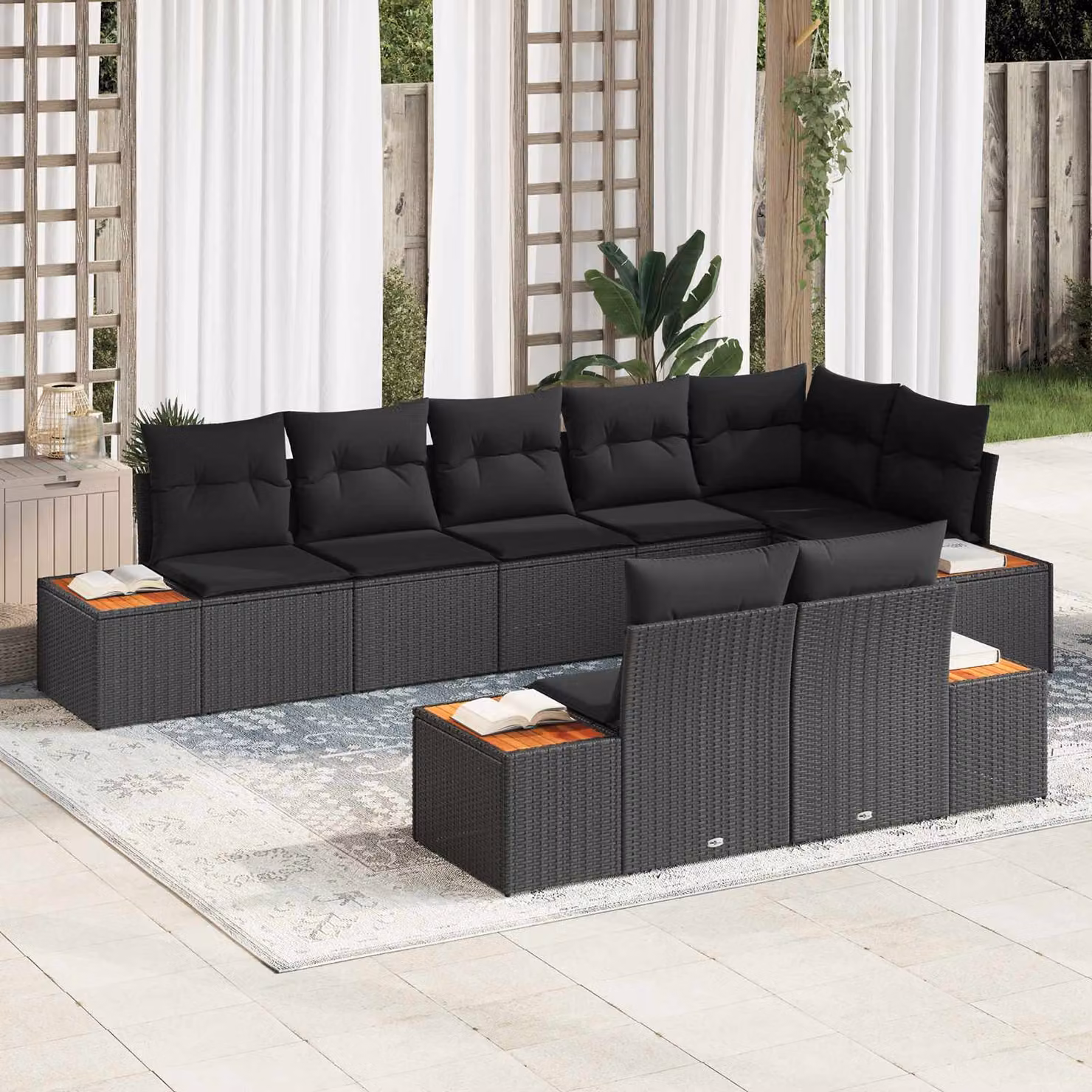 Set Divano da Giardino vidaXL a Forma di L con Tavolino, 8 Posti, Nero – 1