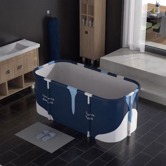 Vasca da bagno pieghevole e portatile con 2 sistemi di scarico, 140 cm, blu