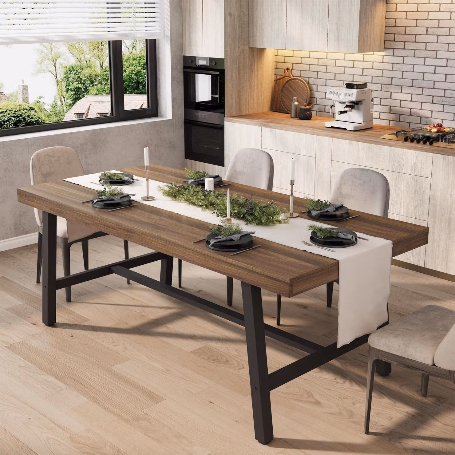 Tavolo da pranzo rettangolare, dimensioni 180x90x76 cm, colore marrone, per 6-8 persone, con gambe in metallo, design industriale