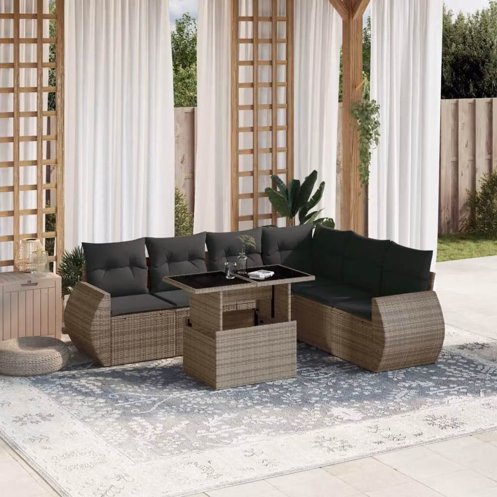 Set di divani da giardino vidaXL a forma di L in polyrattan grigio con 7 pezzi e cuscini inclusi – 1