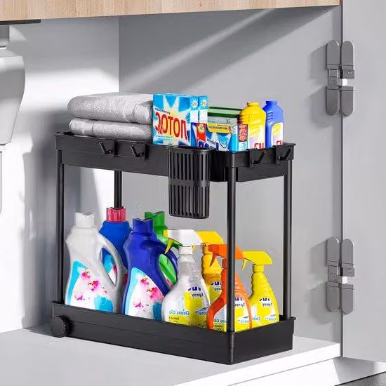 Organizer Famanu per armadietto della lavanderia, con cerniera – Scaffale da posizionare sotto il lavandino – Scaffale a 2 ripiani per erbe aromatiche – Colore nero