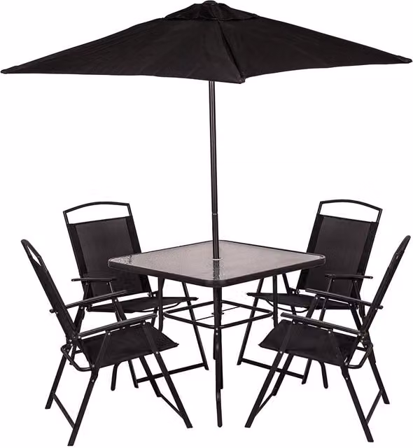 Set da Pranzo 6 Pezzi per Giardino Patio Tavolo Piano in Vetro con Ombrellone e 4 Sedie Pieghevoli Nero