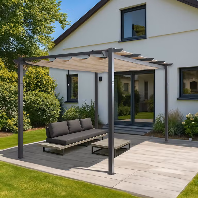 Pergola in alluminio HWC-N93, gazebo da giardino, telaio stabile da 8 cm, tetto scorrevole UV50+ 3x4m ~ crema-beige