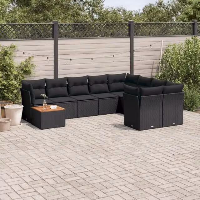 Set Divani da Giardino 10pz con Cuscini in Polyrattan Nero 3223822