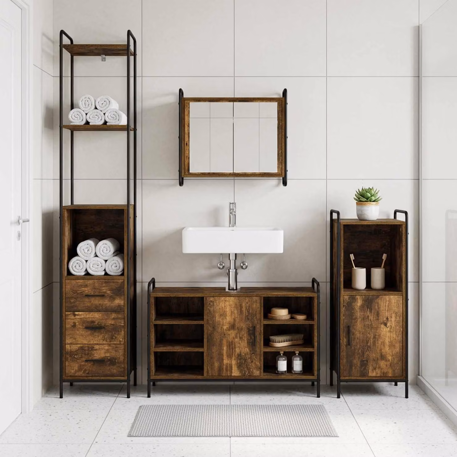 vidaXL Set di Armadi da Bagno 3 pz Rovere Fumo 40 x 36 x 181 cm