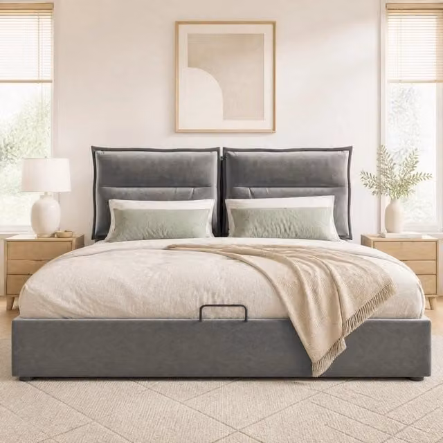 Letto contenitore 140x200 cm in velluto grigio con testiera regolabile