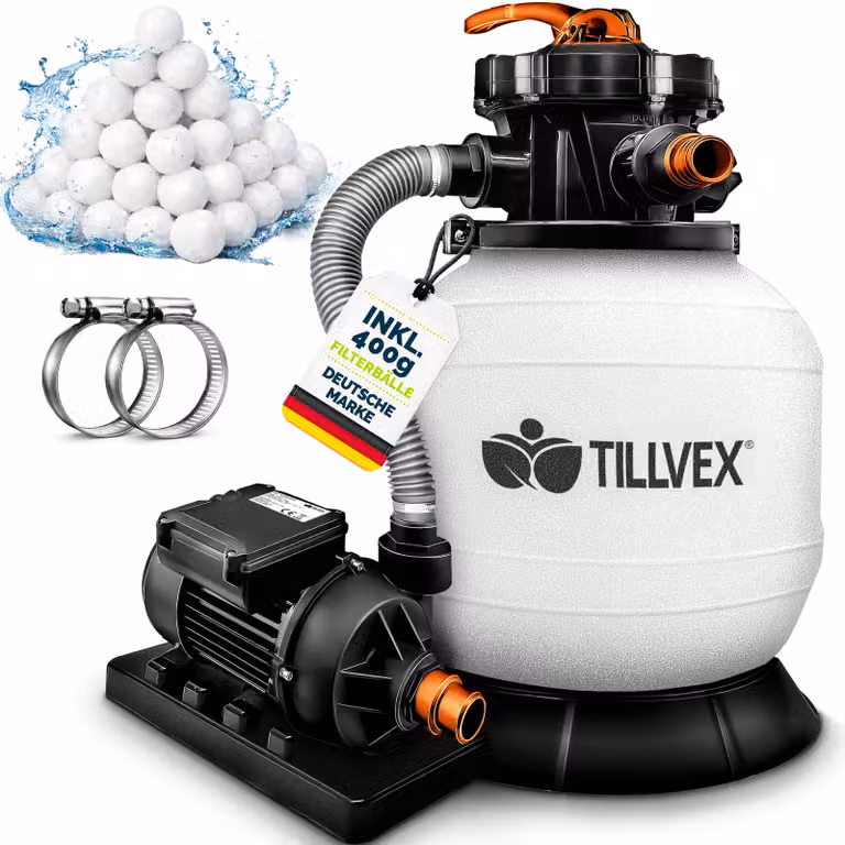 tillvex® sistema di filtraggio a sabbia per piscina 7.900L/h incl. sfere filtranti da 400g | sistema di filtraggio valvola a 7 vie e adattatore 2in1 Ø32mm - 38mm | filtro per piscina con indicatore di pressione | filtro a sabbia per piscine