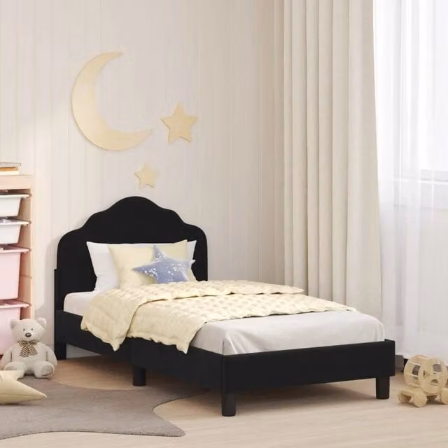 Struttura letto per bambini con testata e giroletto in velluto nero, L/P/H: 160 x 80 x 47 cm – 1