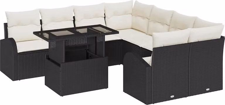 Set Divano da Giardino con archiviazione 9 pcs Nero polyrattan