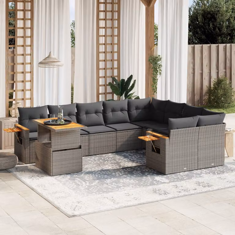 vidaXL Set Divano da Giardino 10 pz in Polyrattan Grigio con Cuscini e Tavolino da Caffè