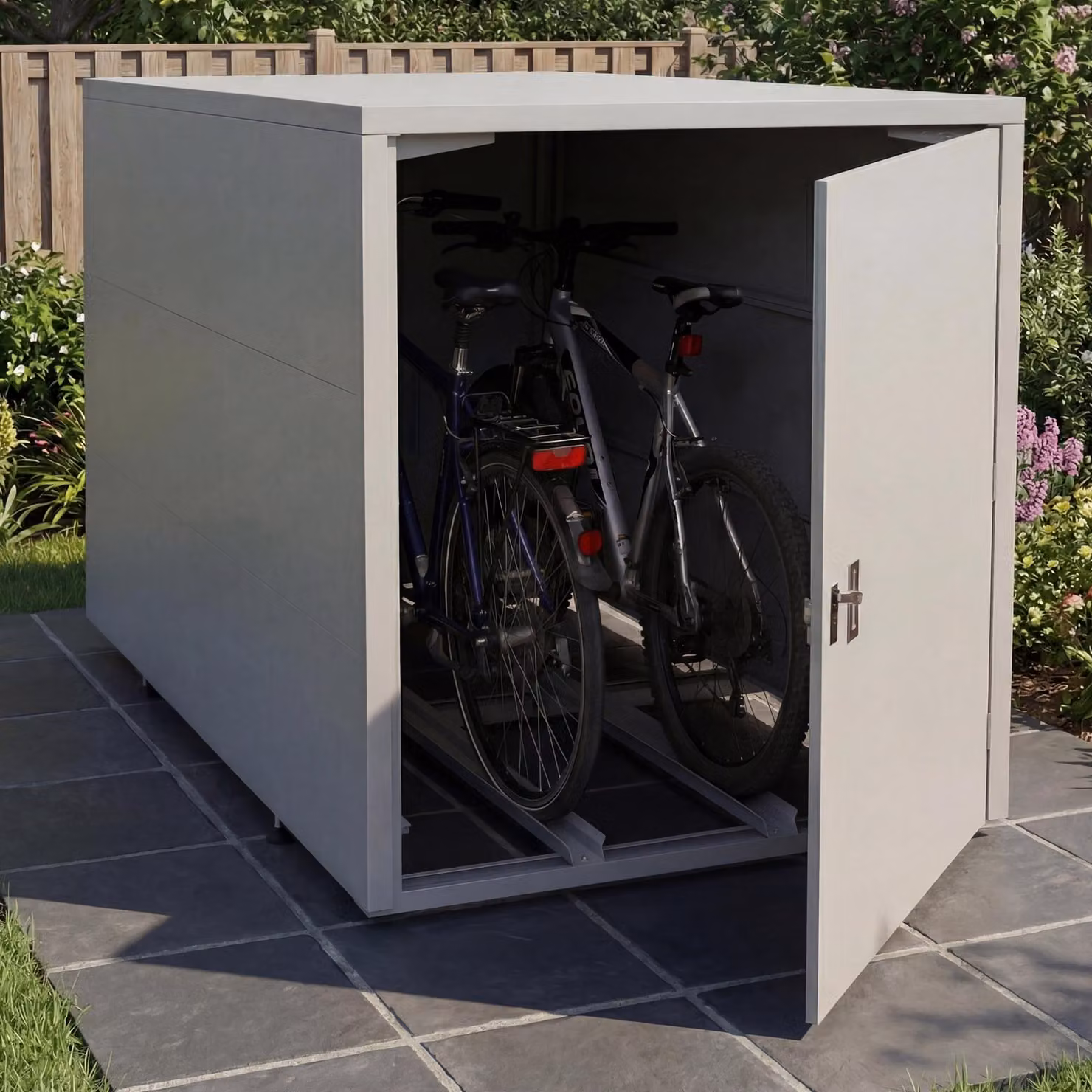 Garage per biciclette doppio HWC-P93, riparo per biciclette Box per biciclette Bikebox, chiudibile a chiave in acciaio zincato 123x113x208 cm ~ grigio chiaro