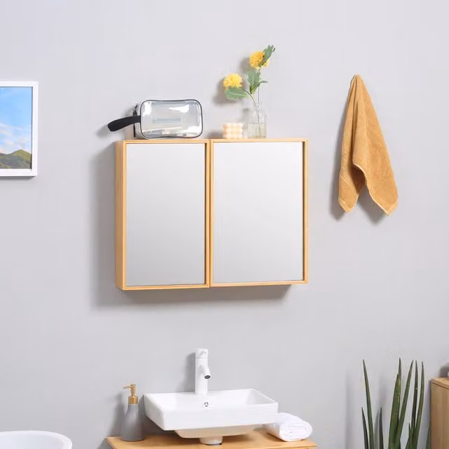 Armadietto da parete per bagno OKWISH in bambù con specchio, 2 ante e 3 ripiani interni, colore marrone, L: 65,2 cm, P: 14 cm, H: 50 cm