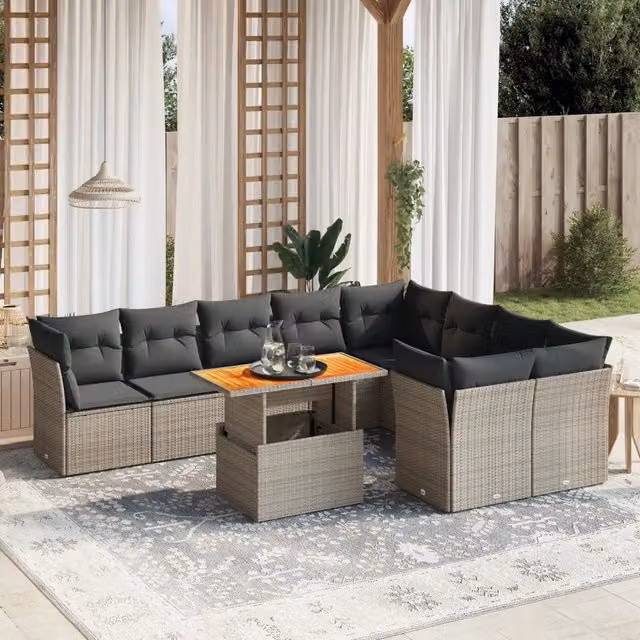 Set Divano da Giardino 10 pz con Cuscini Grigio in Polyrattan 3271011