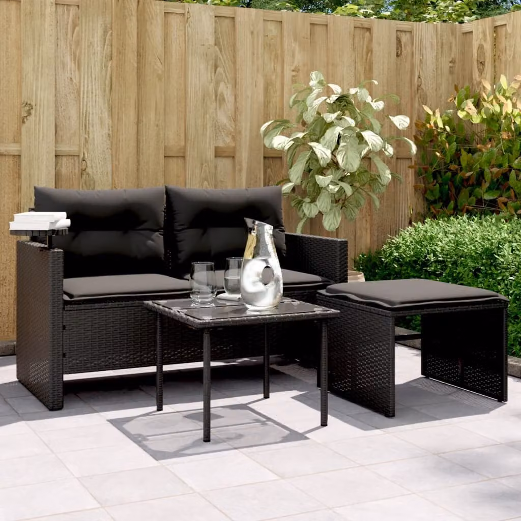 Set da Giardino Moderno vidaXL in Polyrattan Nero con Divano a 2 Posti, Tavolino e Pouf con Cuscini e Struttura in Acciaio Verniciato a Polvere