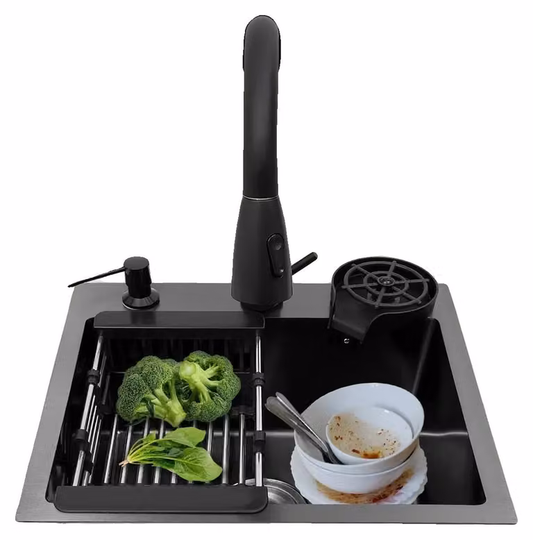 Lavello in acciaio inossidabile, dimensioni 45 x 40 cm, da incasso, a vasca singola, rubinetto girevole a 360°, 1 foro