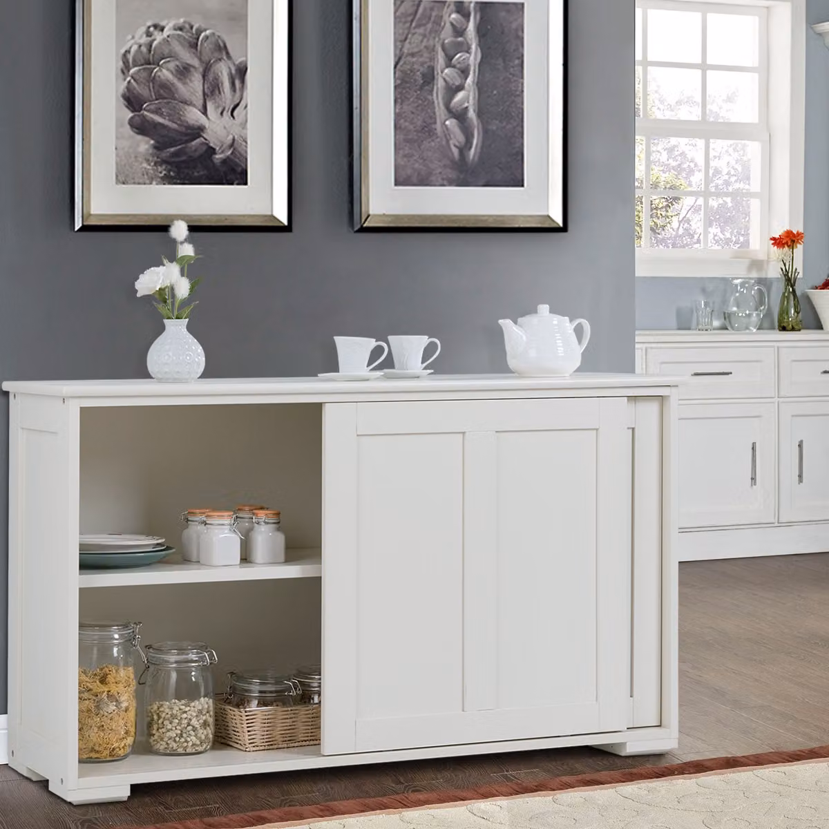 Armadietto Costway in legno con due porte scorrevoli per cucina o bagno, Beige, L: 106,7 cm, P: 33 cm, H: 60 cm