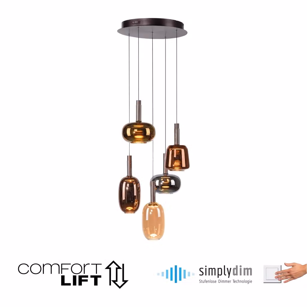 Lampadario sospeso rotondo Art Déco Paul Neuhaus con 5 luci LED dimmabile multicolore in vetro e metallo – 2