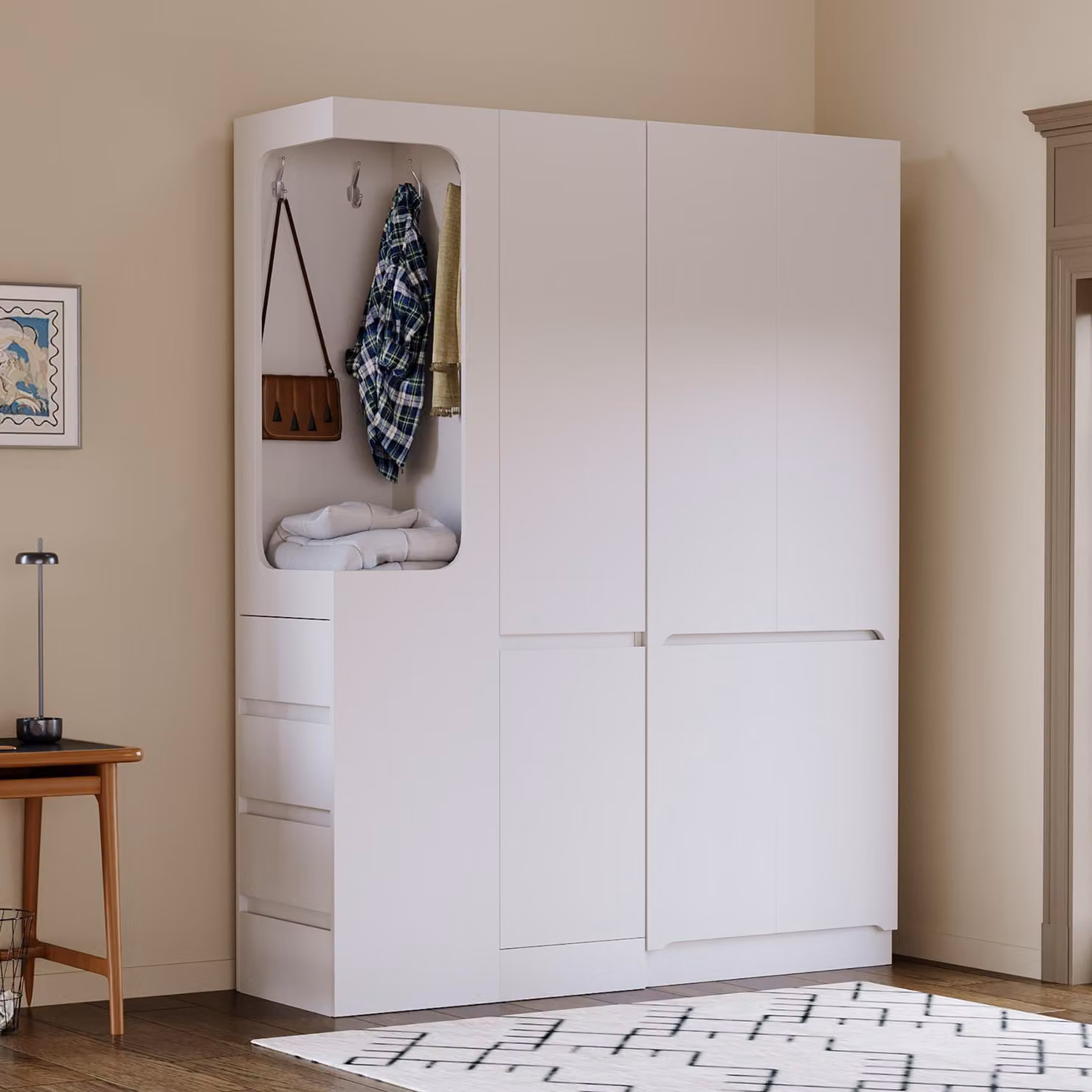 okwish Armadio con anta girevole con contenitore aperto, Armadio ad angolo con contenitore e lato sinistro, bianco