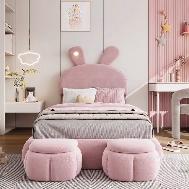 Letto Singolo Bambini con Cassetti e LED ¨C Xylo ¨C Velluto Rosa 90x200