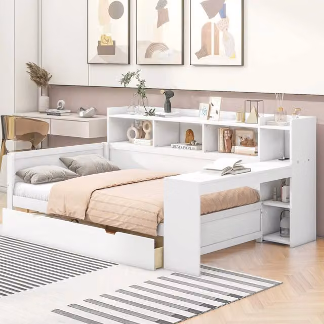 Letto Daybed REDOM Bianco con scrivania, 2 cassetti e prese USB L/P: 90 x 200 cm