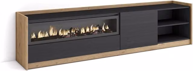 Mobile TV Soggiorno, 207x50x37 cm, Per TV fino a 80", Camino elettrico, Nero e rovere