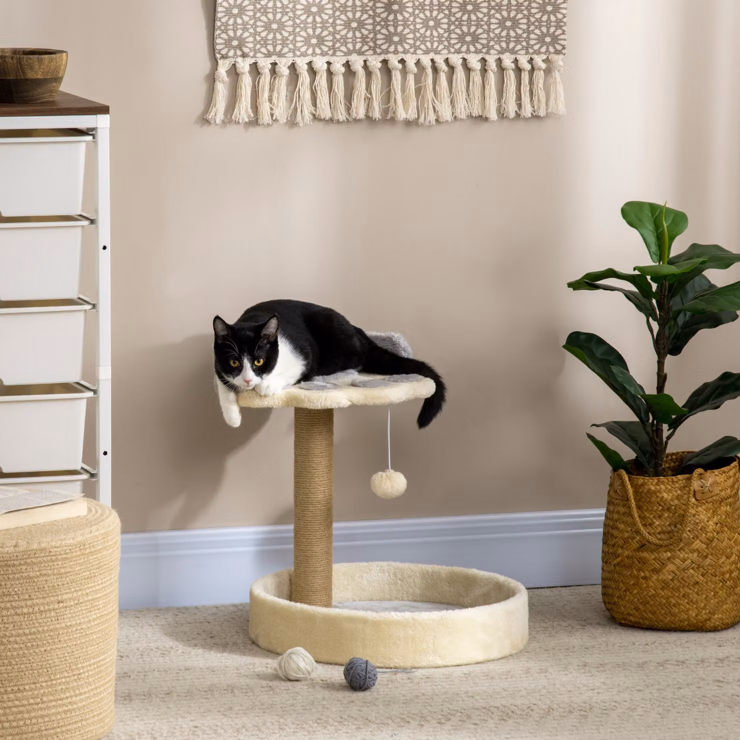 Tiragraffi per Gatti PawHut con Lettini, Corda in Juta e Peluche, Grigio e Beige, L 41 x P 41 x H 44 cm – 2