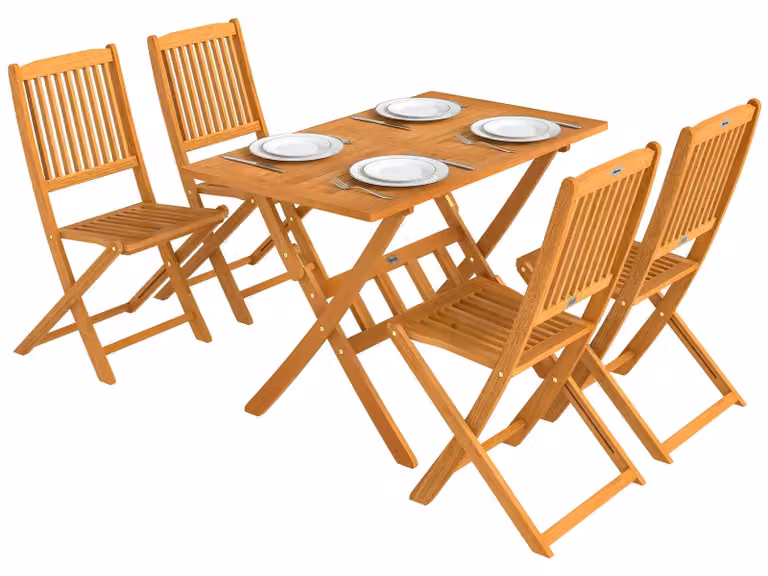 Set di mobili da giardino - Modello 84K-054V90ND - 5 pezzi - Tavolo con 4 sedie pieghevoli - Legno di acacia - Marrone - Per uso esterno