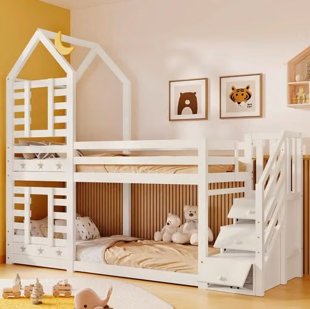 Letto a castello 90x200 cm con scala contenitore e cassetti in legno bianco