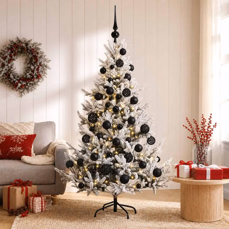 Albero di Natale artificiale moderno vidaXL verde con 150 LED bianco caldo e decorazioni bianche, Altezza: 120 cm