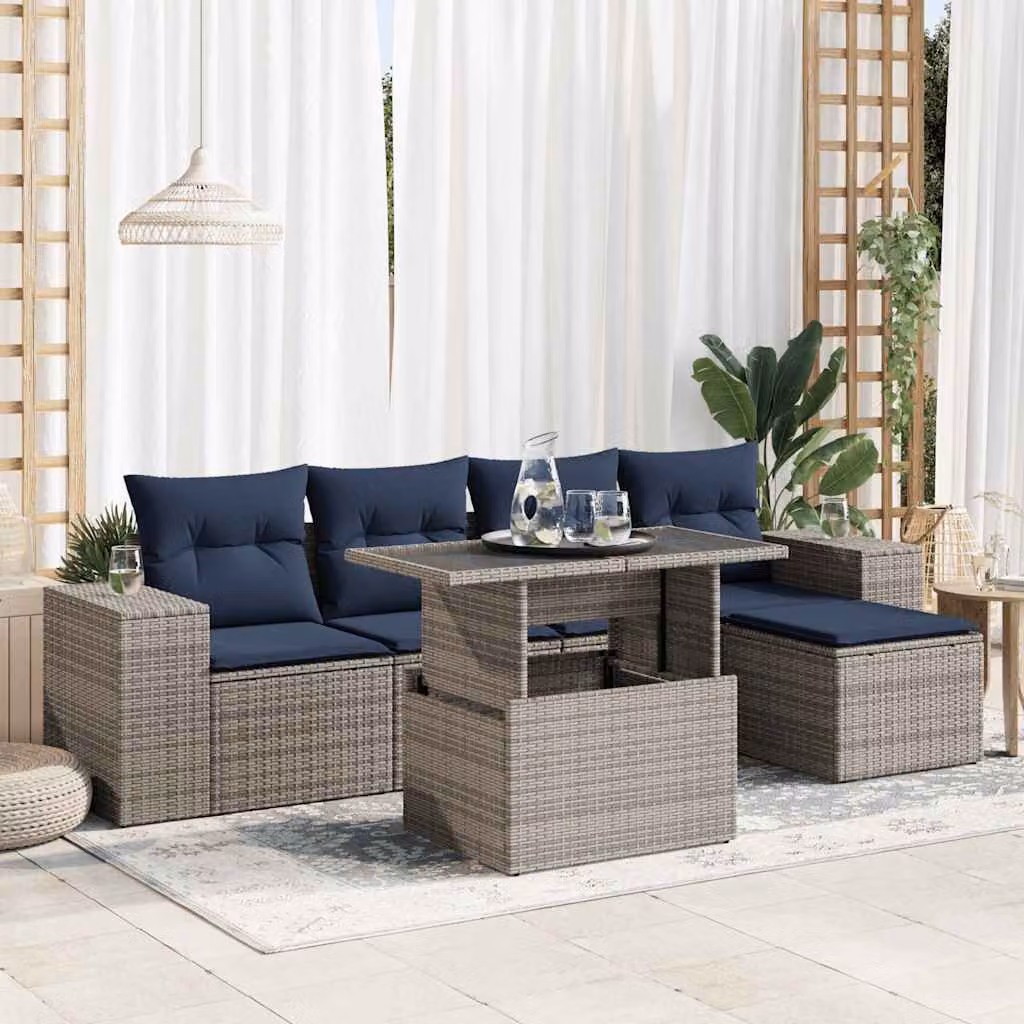 Set Divano da Giardino vidaXL a Forma di L in Polyrattan con Cuscini e Tavolino, 6 Pezzi, Grigio e Blu