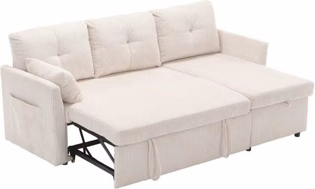 Divano letto angolare 3 posti 206 cm con penisola reversibile e contenitore in velluto a coste beige per soggiorno