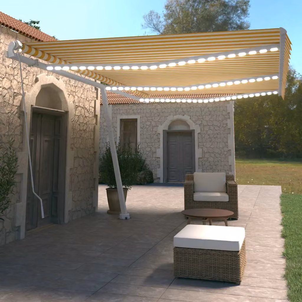 vidaXL Tenda da Sole Retrattile Manuale LED 600x350 cm Giallo Bianco