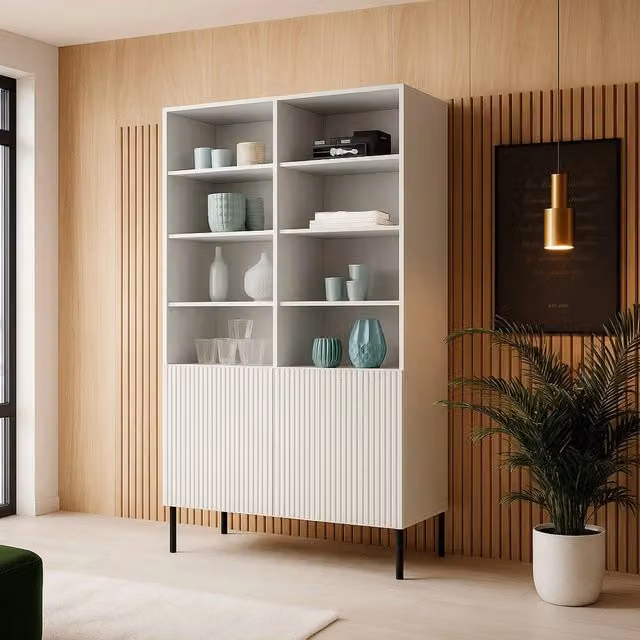 Libreria Ghilarza, Mobile portalibri con vani aperti e due ante, Rialzato da terra, 100x42 h177 cm, Bianco