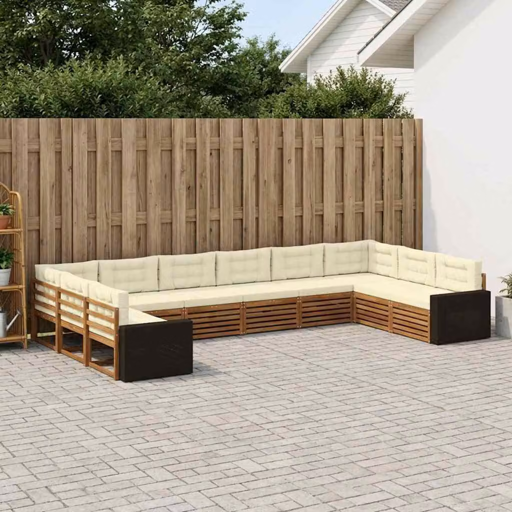 Set di divani da giardino vidaXL in legno di acacia massello, 10 pezzi, marrone e beige con cuscini inclusi