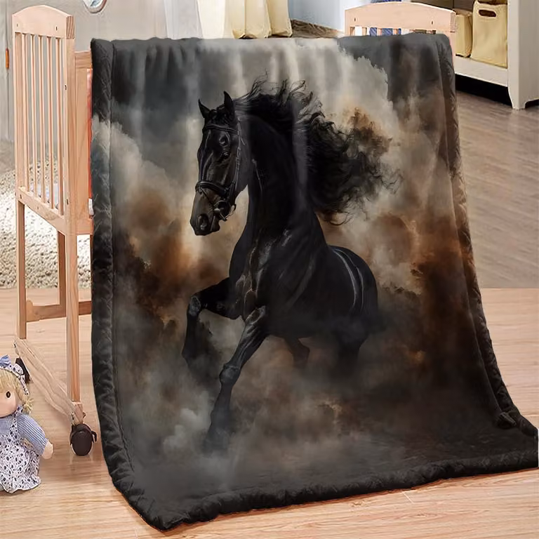 Piumone in pile morbido con motivo di cavalli, 180x220 cm