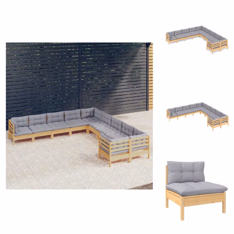 vidaXL Set di 10 pezzi da giardino con cuscini grigi in legno di pino - Set di mobili da giardino