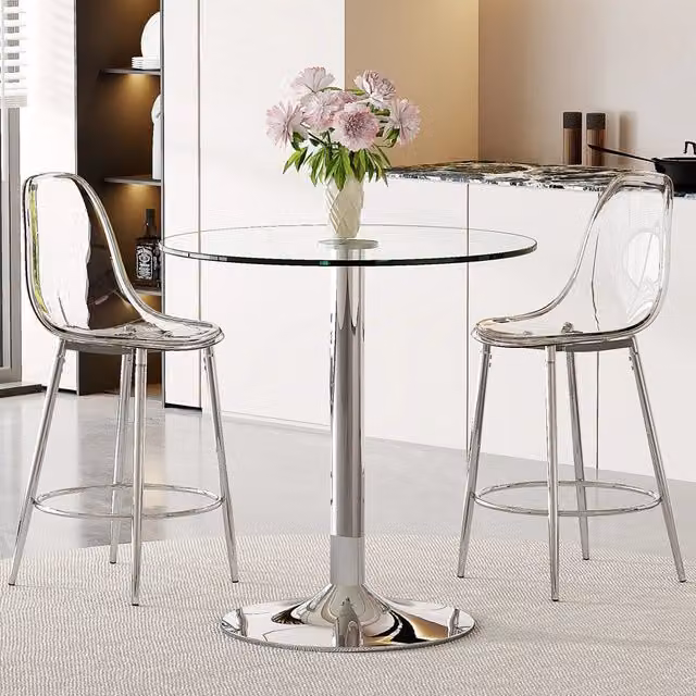 Tavolo da bar con 2 sgabelli trasparenti, piano in vetro, base in metallo, per cucina e soggiorno, diametro 89 cm